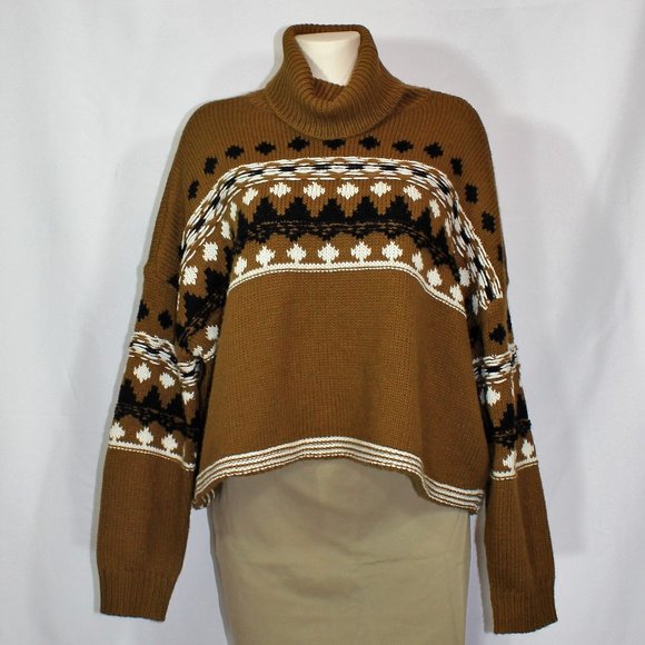 Oak and Ivy knit sweater brown with geometric pattern oversize turtleneck Medium - Picture 1 of 9